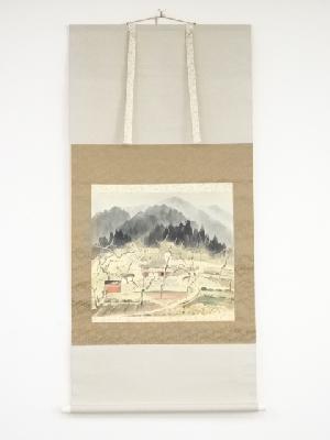 浜孤嘯筆　山水　肉筆絹本掛軸（保護箱）